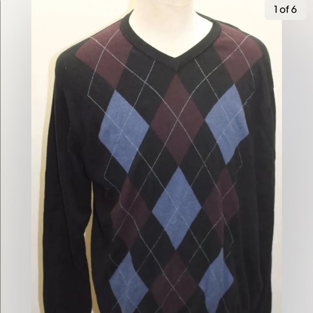 Sebastian Cooper Men Sweater Black Argyle Large V-Neck Cotton Cashmere Large